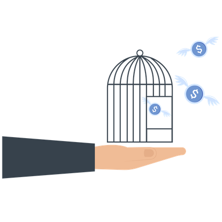 Hand holding a cage with money coins with wings flying away financial freedom  Illustration