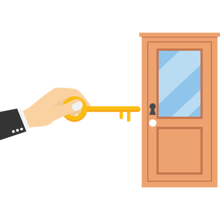 Hand holding big key between an open door and a closed  Illustration