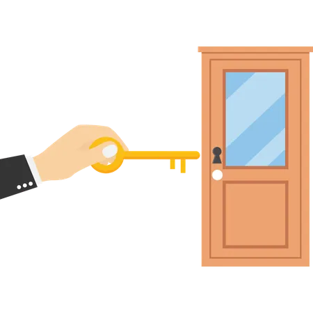 Hand holding big key between an open door and a closed  Illustration