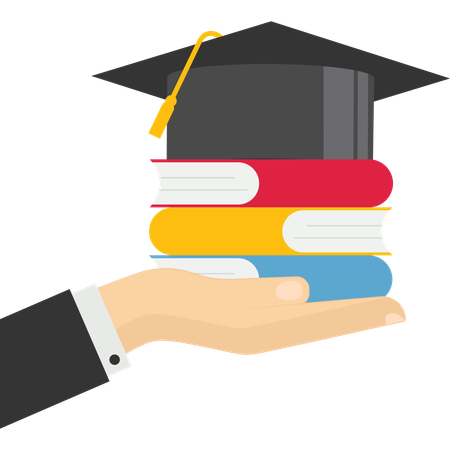 Hand holding books wearing academic mortarboard hat  Illustration