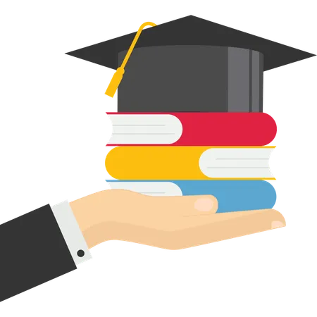 Hand holding books wearing academic mortarboard hat  Illustration