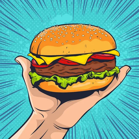 Burger On Hand Fast Food Vector Illustration In Pop Art Retro Comic Style Illustration