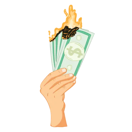 Hand holding burning dollar bills  Illustration