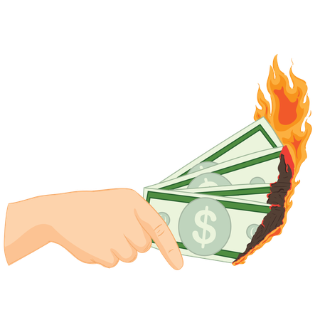 Hand holding burning dollar bills  Illustration