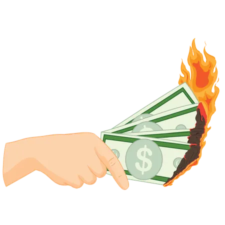 Hand holding burning dollar bills  Illustration