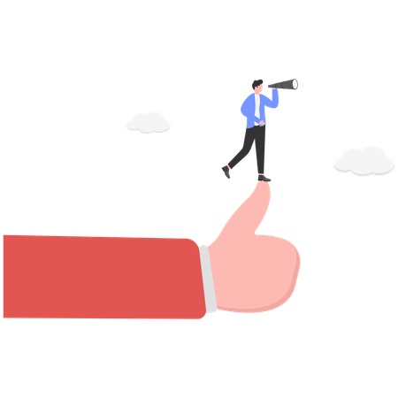 Hand holding businessman using telescope  Illustration
