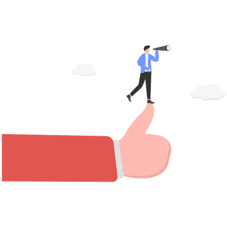 Hand holding businessman using telescope  Illustration