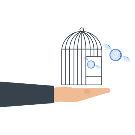Hand Holding Cage with Flying Dollar Coins  Illustration