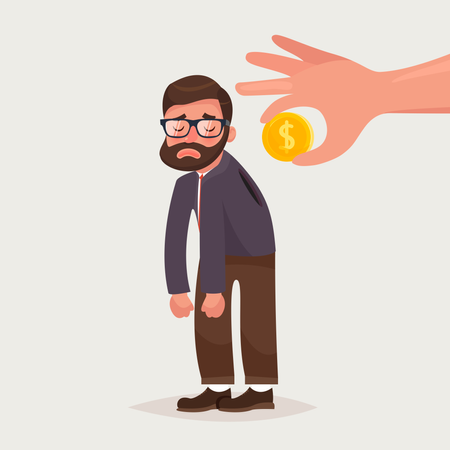 Hand holding coin inserting into back of businessman with glasses and beard  Illustration