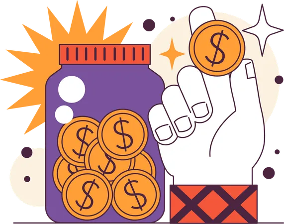 Hand holding coin to put in money jar  Illustration