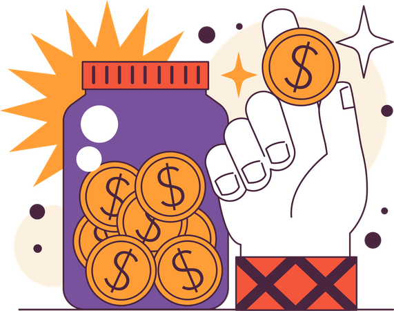 Hand holding coin to put in money jar  Illustration