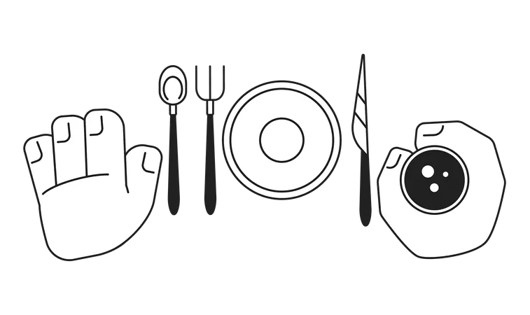 Cutlery Hands Holding Glass Overhead Cartoon Hands Outline Illustration Top View Utensils Setting 2 D Isolated Black And White Vector Image Drinking Wine Flat Monochromatic Drawing Clip Art Illustration