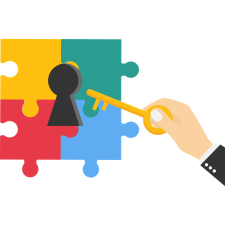 Hand holding golden key to unlock the jigsaw puzzle keyhole  Illustration