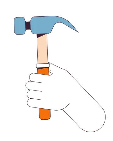 Hammer Holding Linear Cartoon Character Hand Illustration Handyman Work Tool Outline 2 D Vector Image White Background Manual Work Do It Yourself Home Improvement Editable Flat Color Clipart Illustration