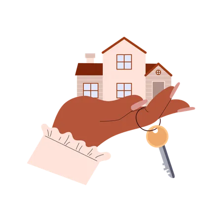 Hand Holding House And Keys For Real Estate Agent Or Broker Property Buying Realtor Services Emblem Flat Cartoon Vector Illustration Isolated On White Background Illustration