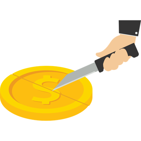 Hand holding knife to cut gold coins  イラスト