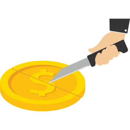 Hand holding knife to cut gold coins  Illustration