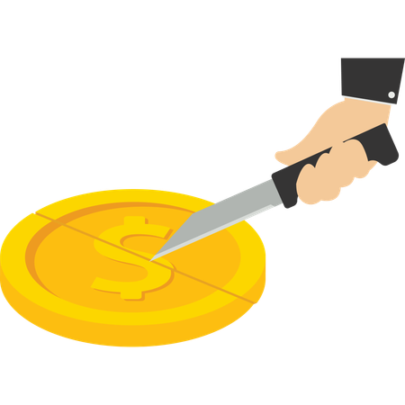 Hand holding knife to cut gold coins  Illustration