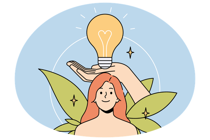 Hand holding lightbulb over woman head  Illustration