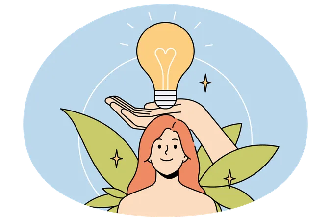 Hand holding lightbulb over woman head  Illustration