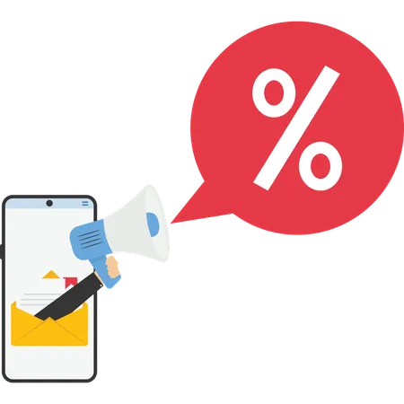 Hand holding megaphone while Online announcing discount  Illustration