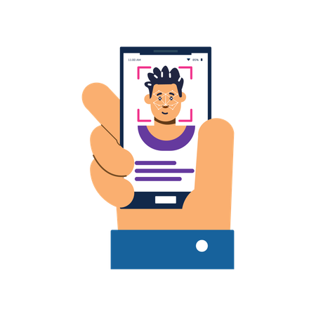 Hand holding mobile phone with facial scan on screen  Illustration