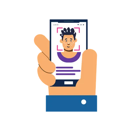 Hand holding mobile phone with facial scan on screen  Illustration