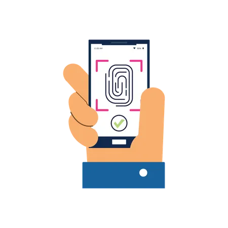 Hand holding mobile phone with fingerprint scanner on screen  Illustration