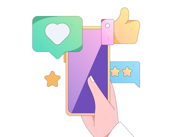 Hand holding mobile while getting online review  Illustration