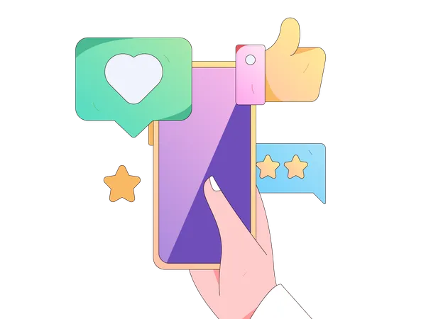 Hand holding mobile while getting online review  Illustration