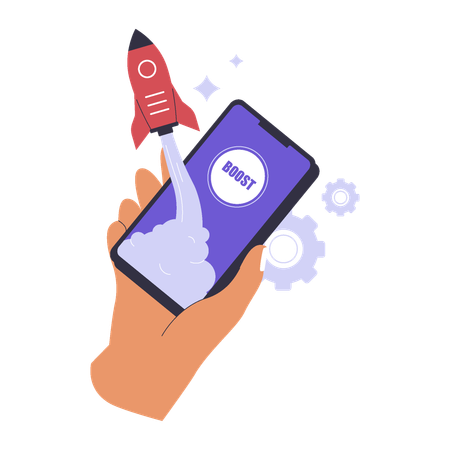 Hand holding mobile while showing speed up performance on mobile  Illustration