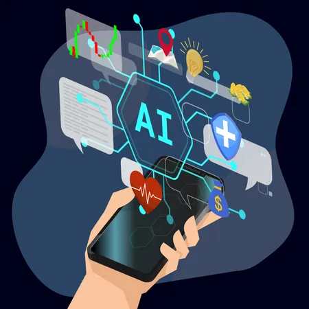 Hand holding mobile with Artificial intelligence  Illustration