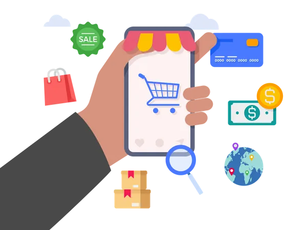Hand holding mobile with online shopping app  Illustration