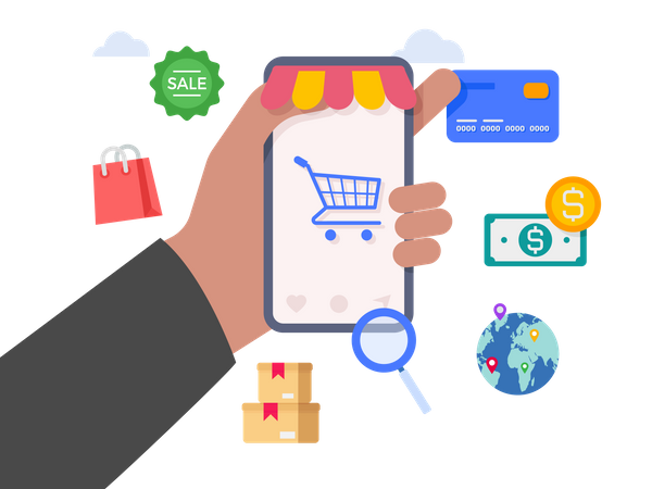 Hand holding mobile with online shopping app  Illustration