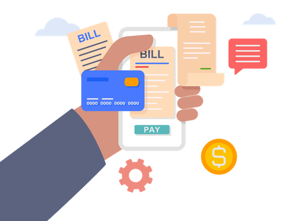 Hand holding mobile with paying bills invoice  Illustration