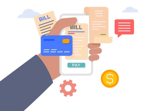 Hand holding mobile with paying bills invoice  Illustration