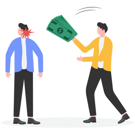 Hand holding money to hit businessman in face smacking mouth  Illustration