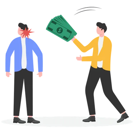 Hand holding money to hit businessman in face smacking mouth  Illustration