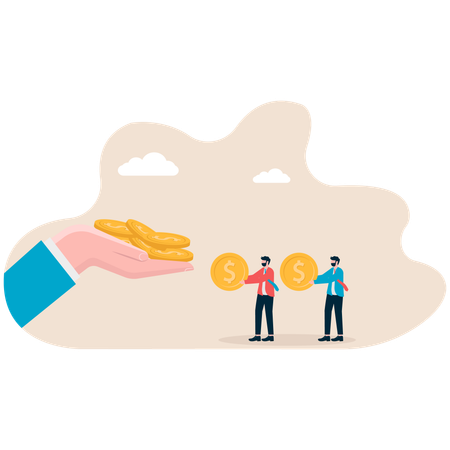 Hand holding money while two businessmen come out from money  Illustration