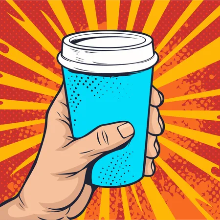 Hand Holding A Paper Cup Of Coffee Fast Food Vector Illustration In Pop Art Retro Comic Style Illustration
