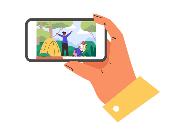 Hand holding phone with video about camping  Illustration