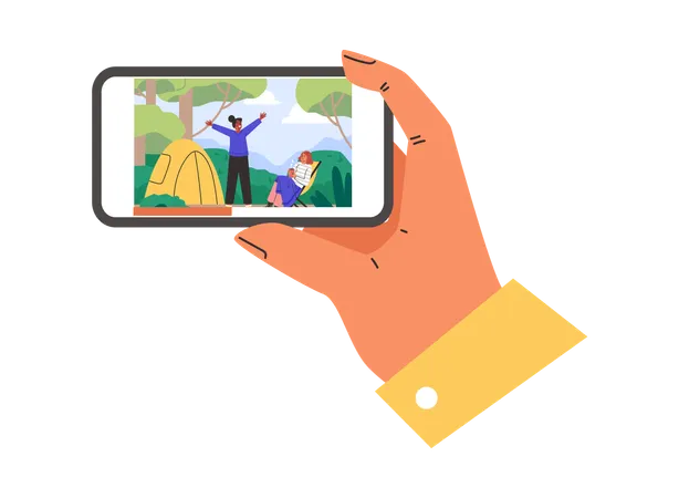 Hand holding phone with video about camping  Illustration