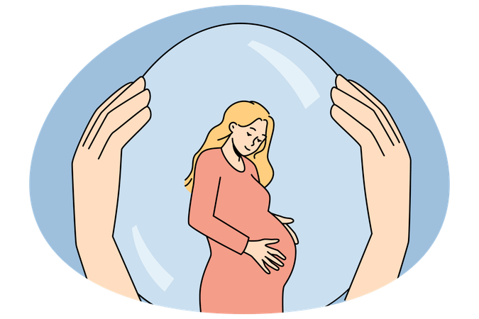 安全バブルの中で妊婦を支える手  イラスト