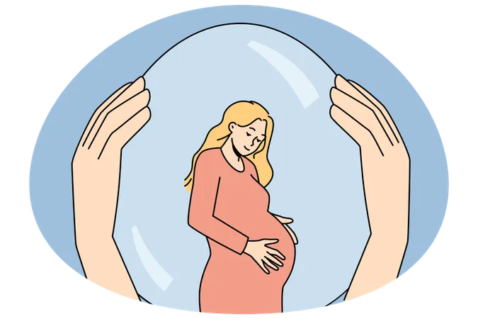 安全バブルの中で妊婦を支える手  イラスト