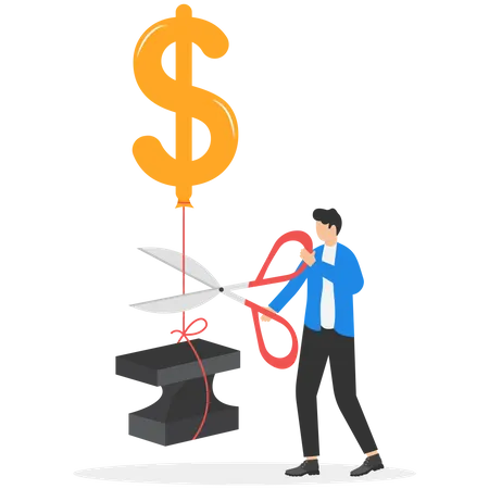 Hand Holding Scissors Cutting A Rope With An Anvil On One Side And Balloon With Word PRICES On Other Inflation And Crisis Concept Vector Illustration Illustration