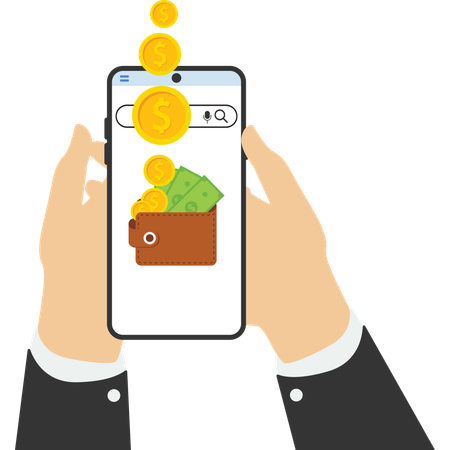 Hand holding smart phone and earning money stacks  Illustration