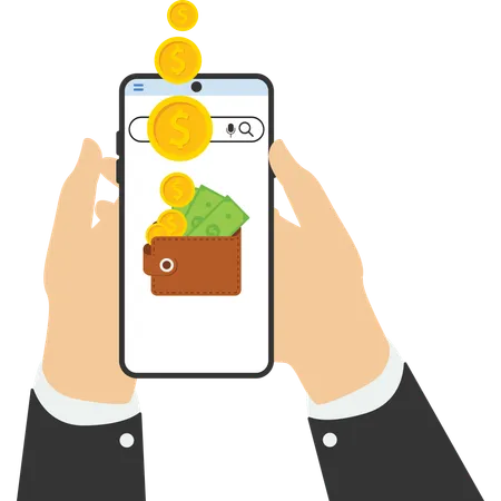 Hand holding smart phone and earning money stacks  Illustration