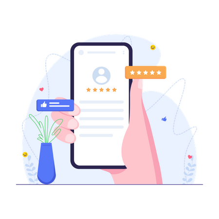 Hand holding smartphone and leaving positive rating and review  Illustration