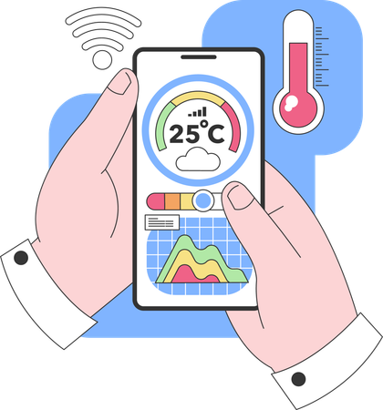 Hand holding  smartphone displaying weather data  일러스트레이션