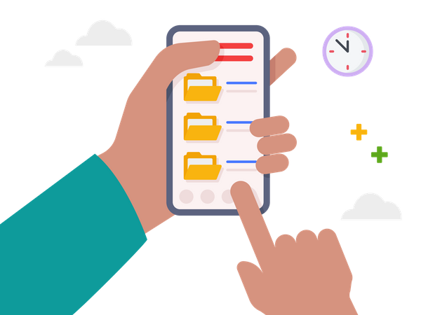 Hand holding smartphone with files folders  Illustration